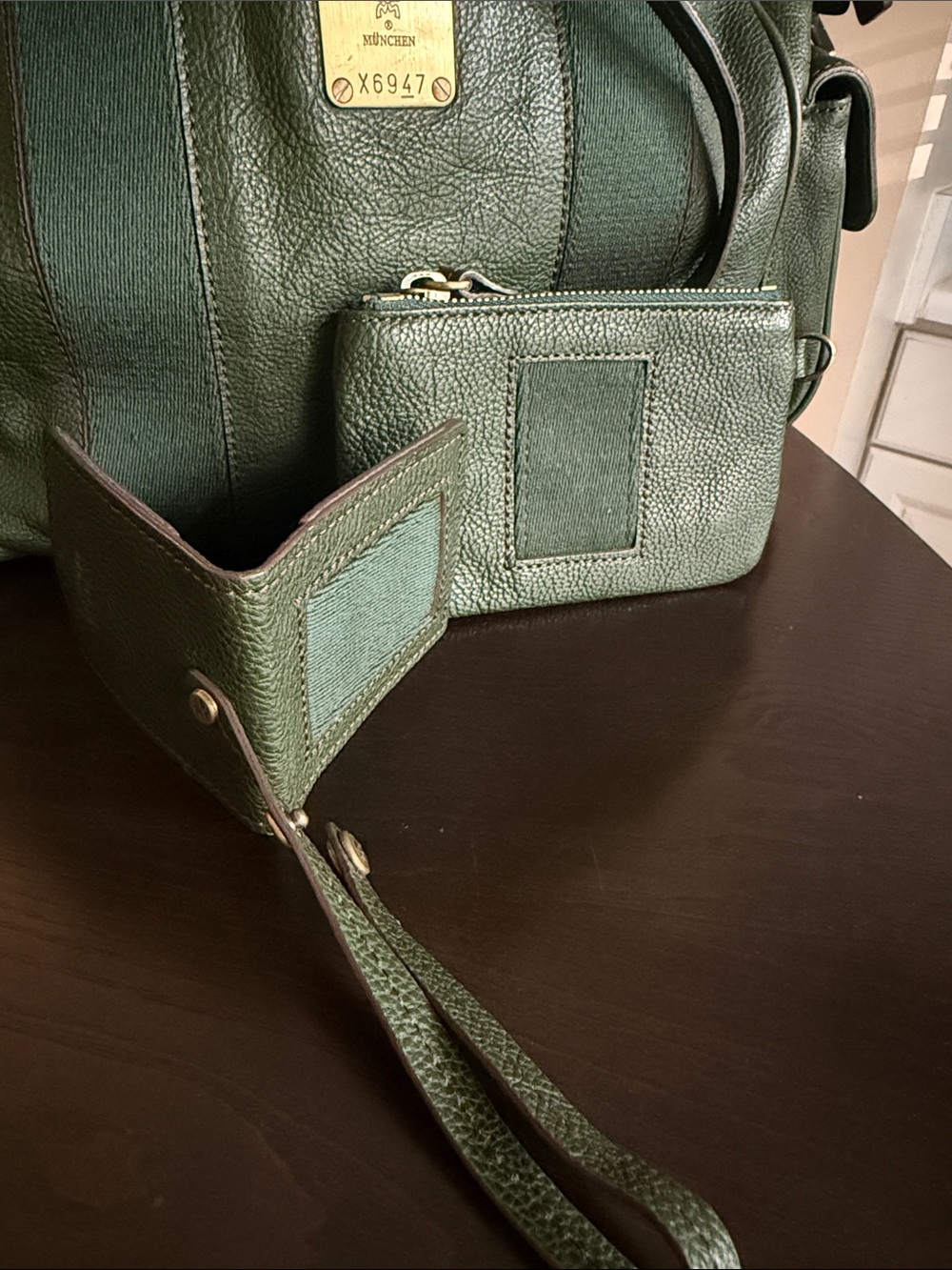 MCM Dark Green Leather Satchel with Removable Canvas Strap - Picture 10 of 16
